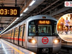 Delhi Metro train at station with 3:30 AM service display