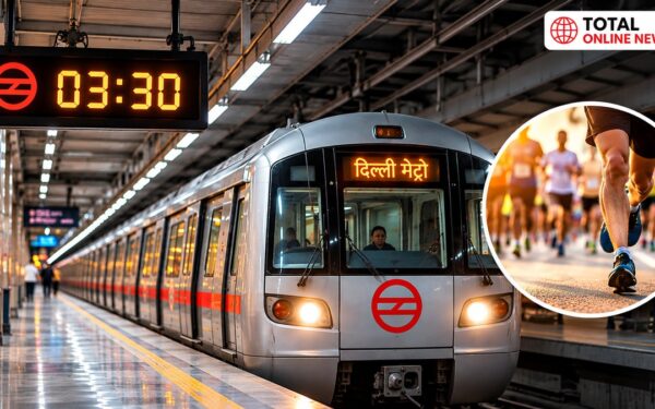 Delhi Metro train at station with 3:30 AM service display