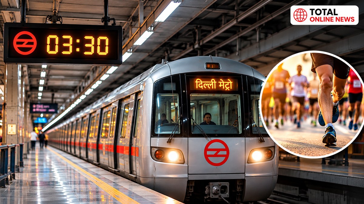 Delhi Metro train at station with 3:30 AM service display